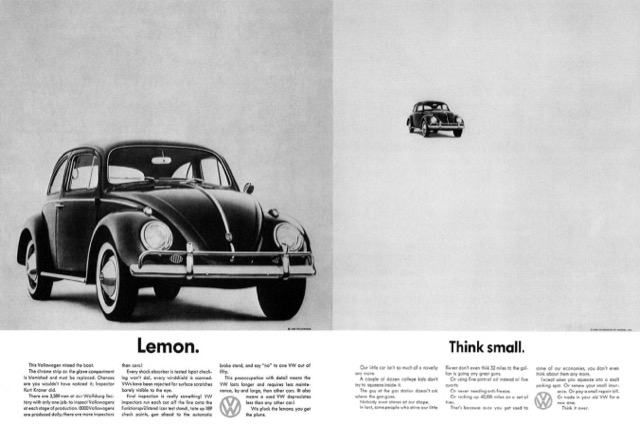 La nota campagna pubblicitaria del Maggiolino Volkswagen creata negli anni '60 dalla Doyle Dane Bernbach